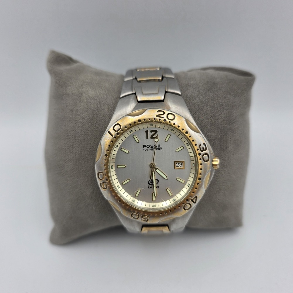 Fossil Blue AM3424 Two-Tone Silver & Gold‎ 8.5" Men's Watch 100 Meters 36mm Case
